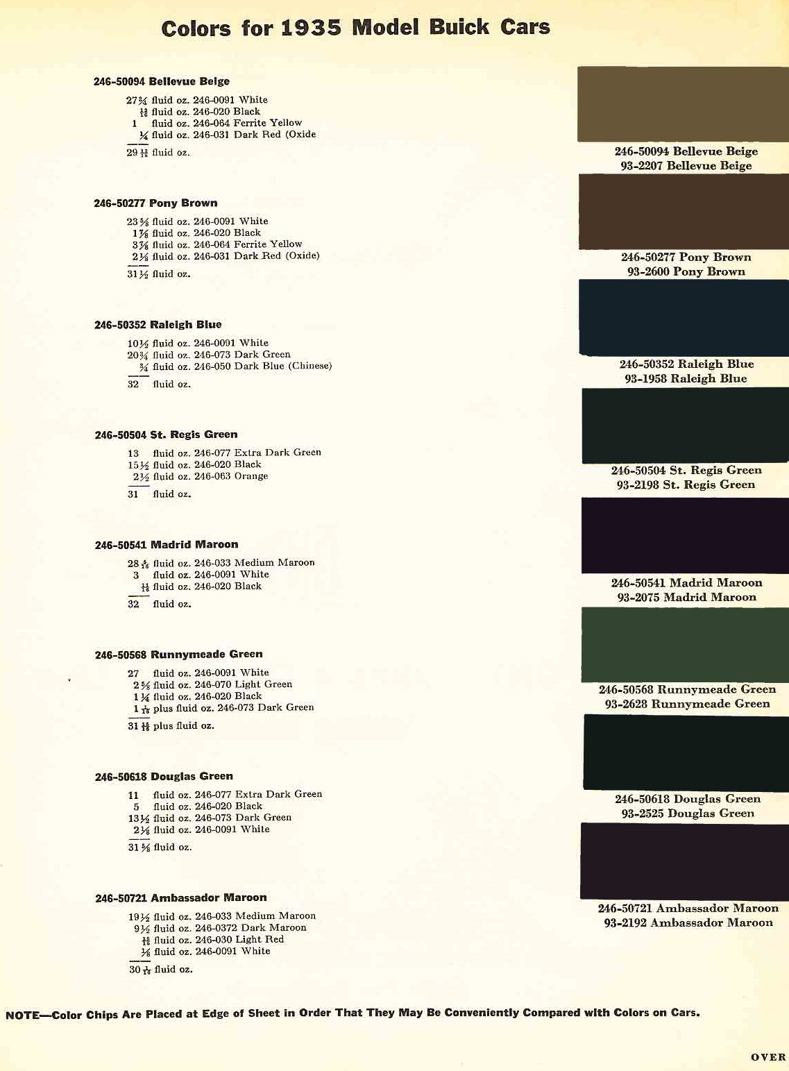 1935 pg 1/2 Buick Paint Chart Paint Codes and Colors used on Buick in 1935