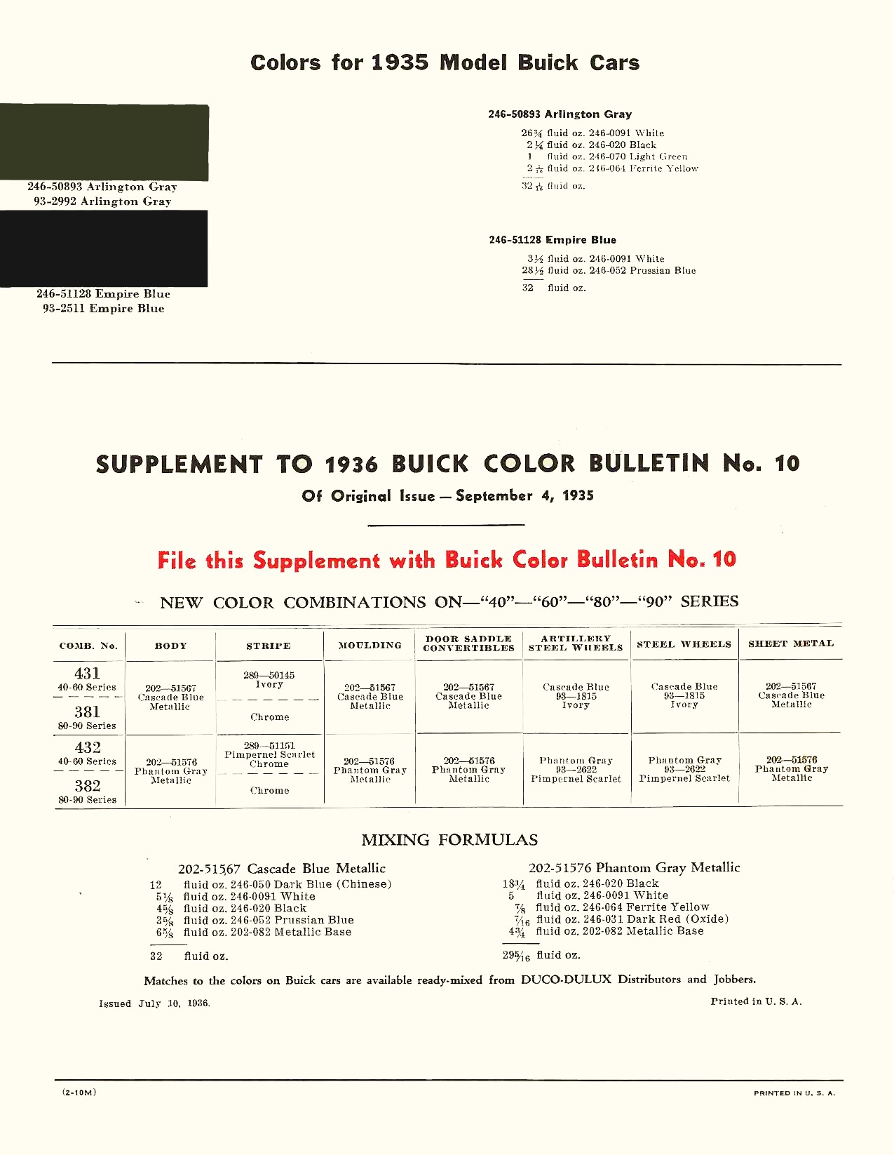 1935 pg 2/2 Buick Paint Chart Paint Codes and Colors used on Buick in 1935