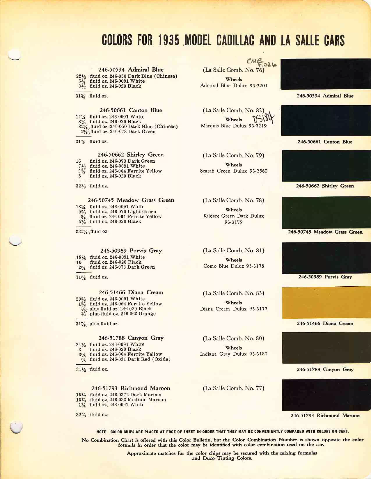 Color chart for 1935 motor vehicles exterior paint code.  Examples of Colors and ordering codes.