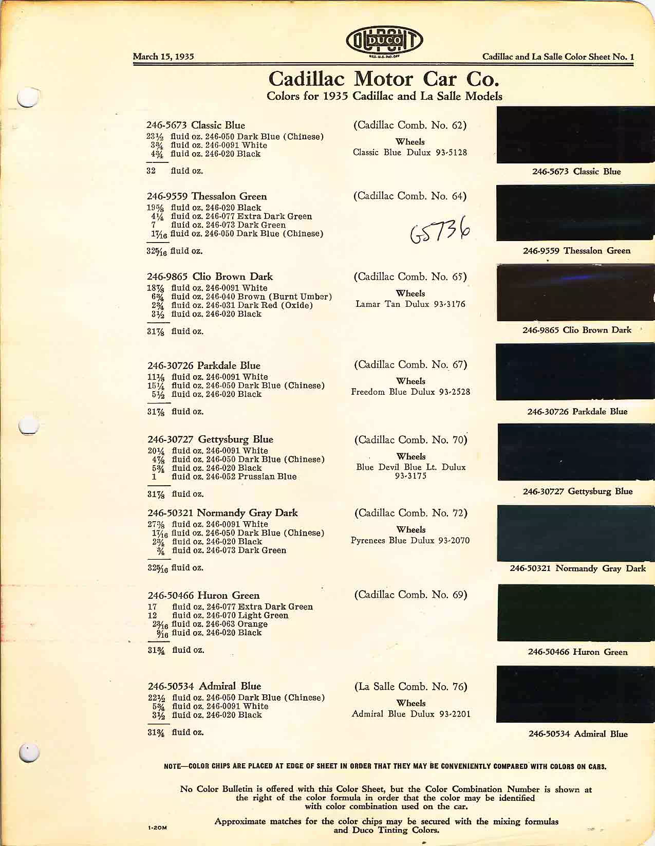 Color chart for 1935 motor vehicles exterior paint code.  Examples of colors and ordering codes.