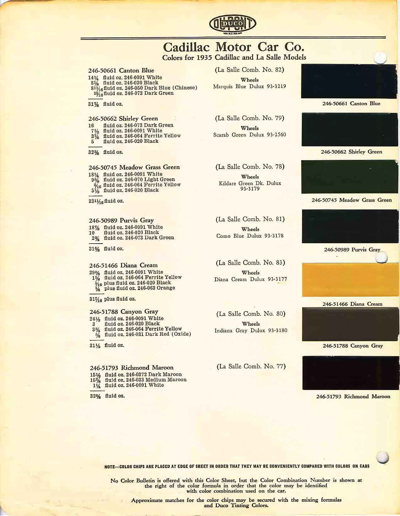 Color chart for 1935 motor vehicles exterior paint code.  Examples of colors and ordering codes.