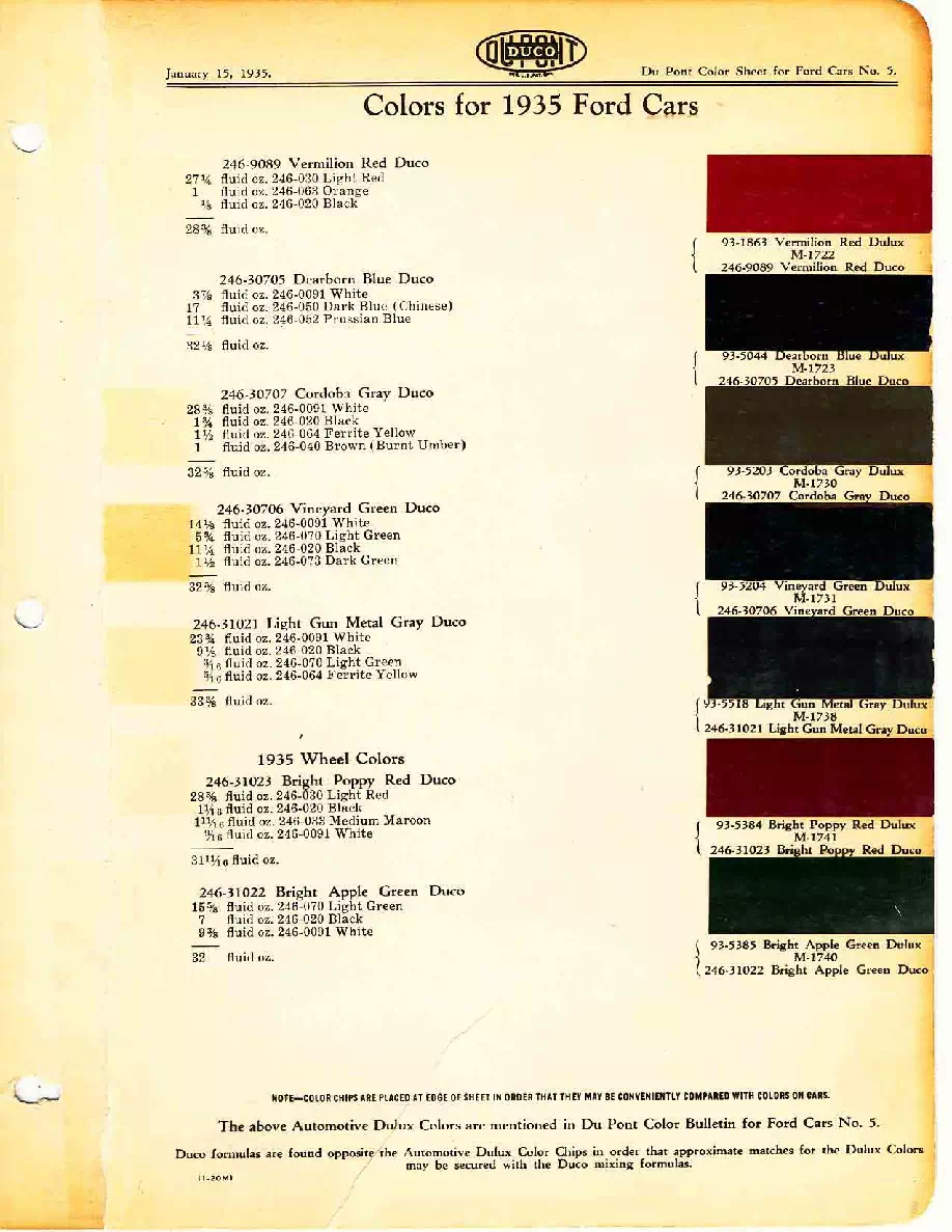 Color chart for 1935 motor vehicles exterior paint code.  Examples of colors and ordering codes.