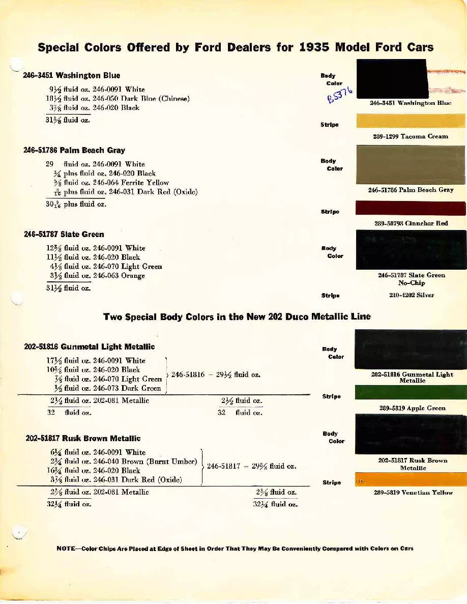 Color chart for 1935 motor vehicles exterior paint code.  Examples of colors and ordering codes.