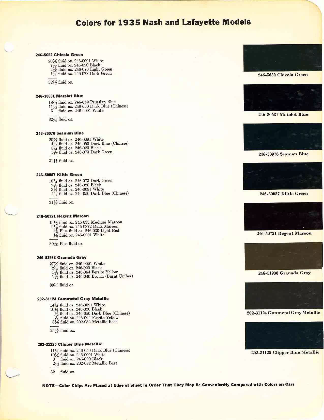 Color chart for 1935 motor vehicles exterior paint code.  Examples of colors and ordering codes.