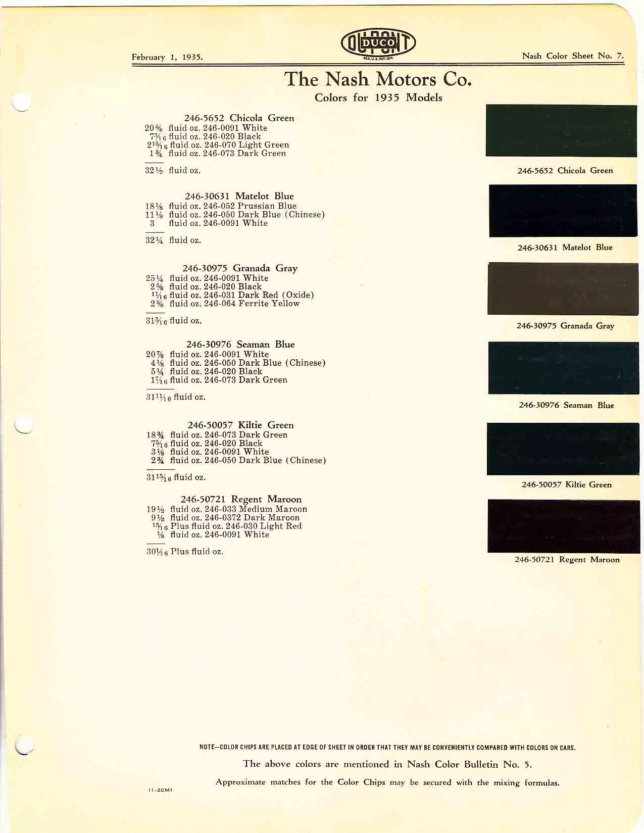 Color chart for 1935 motor vehicles exterior paint code.  Examples of colors and ordering codes.