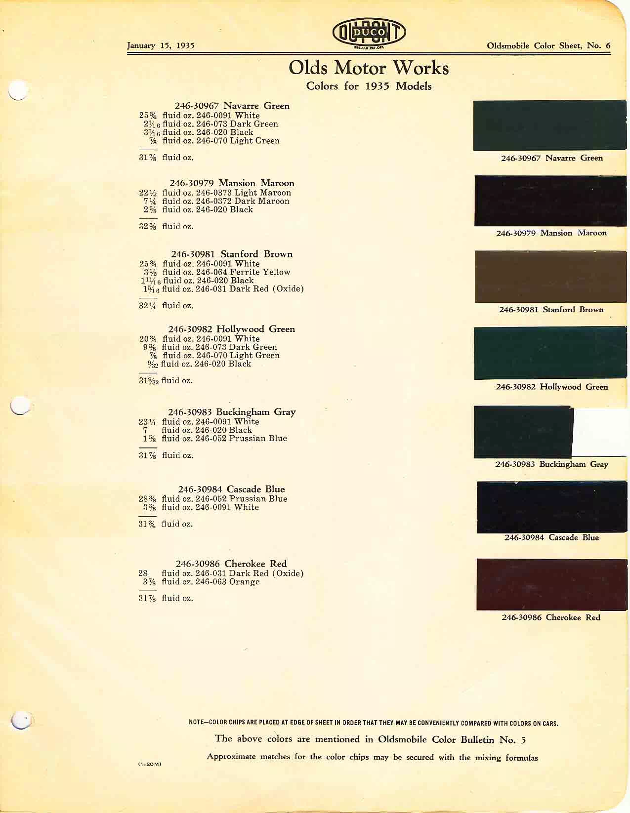 Color chart for 1935 motor vehicles exterior paint code.  Examples of colors and ordering codes.