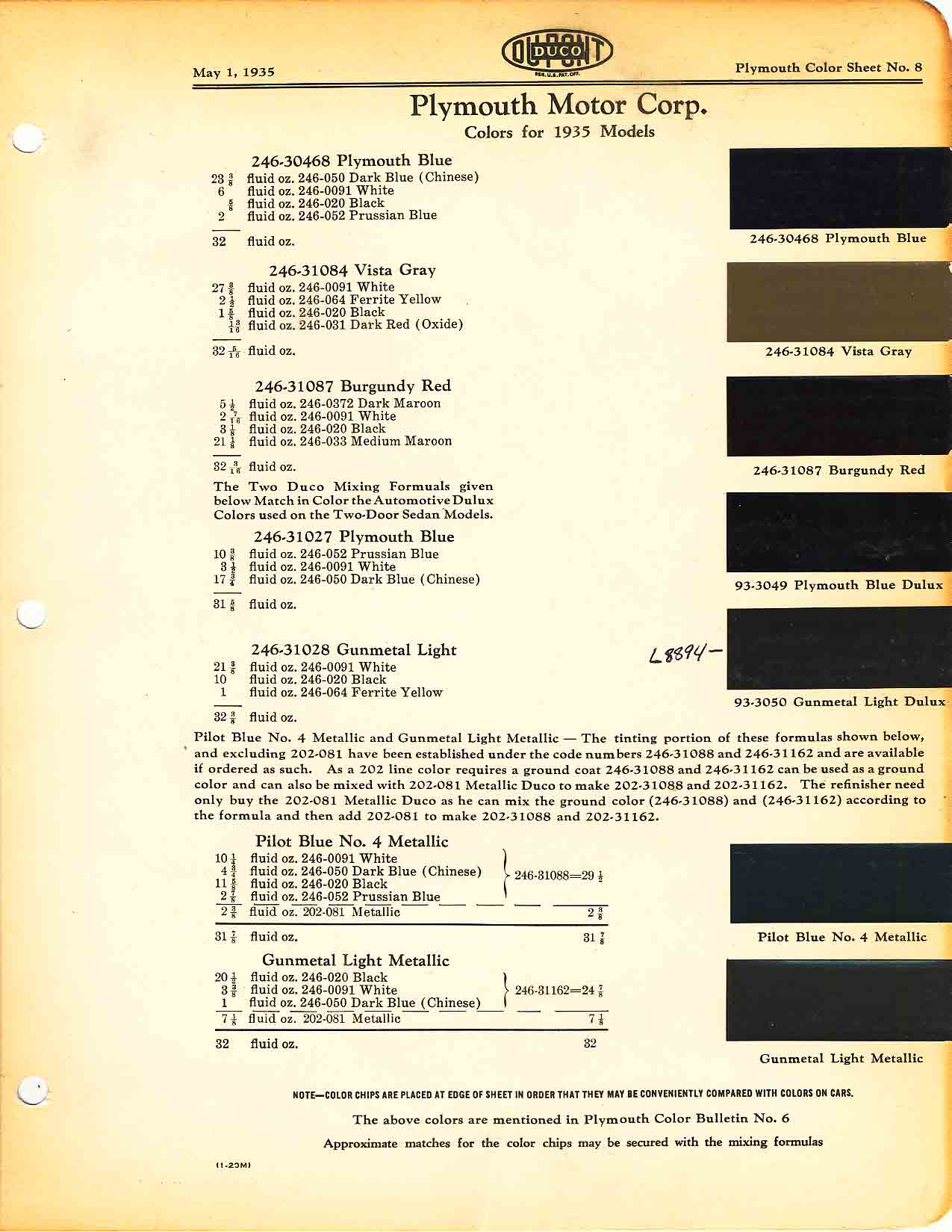 Color chart for 1935 motor vehicles exterior paint code.  Examples of colors and ordering codes.