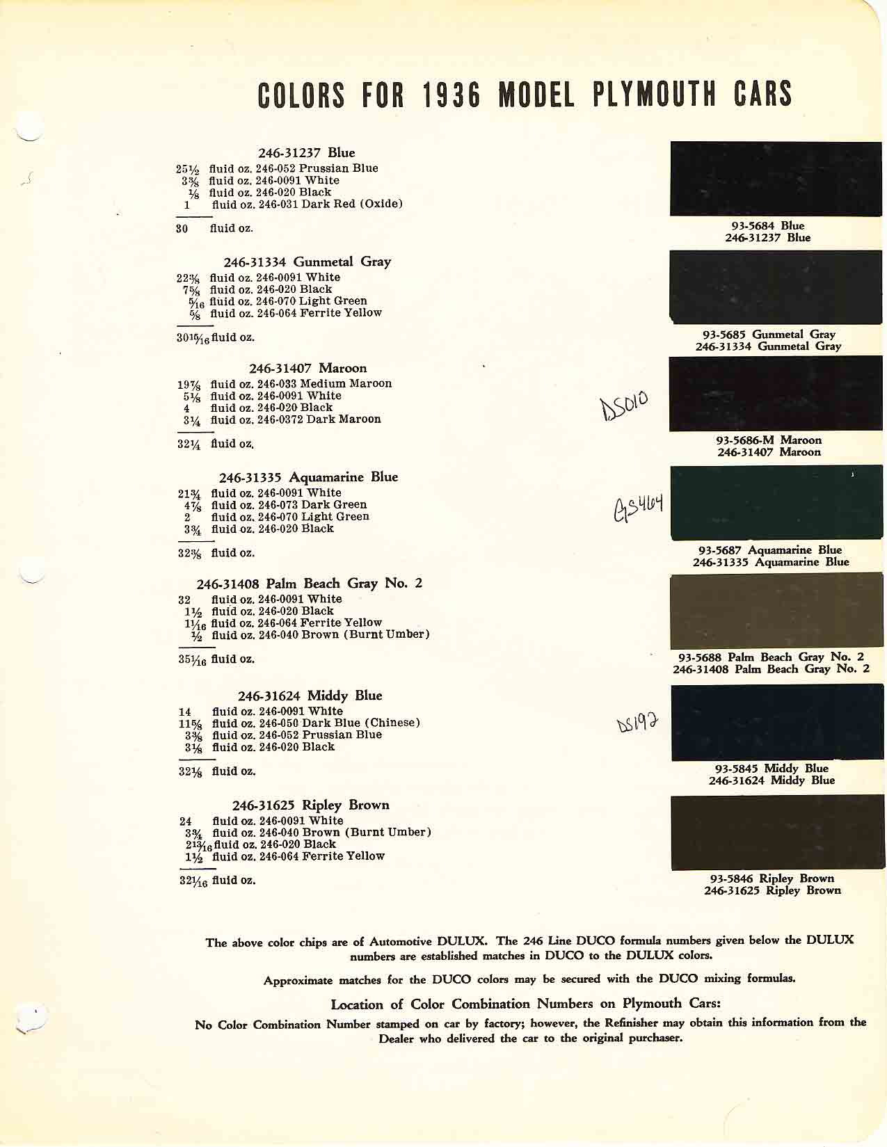 1936 Plymouth Colors and Codes Plymouth Paint Color Code Chart