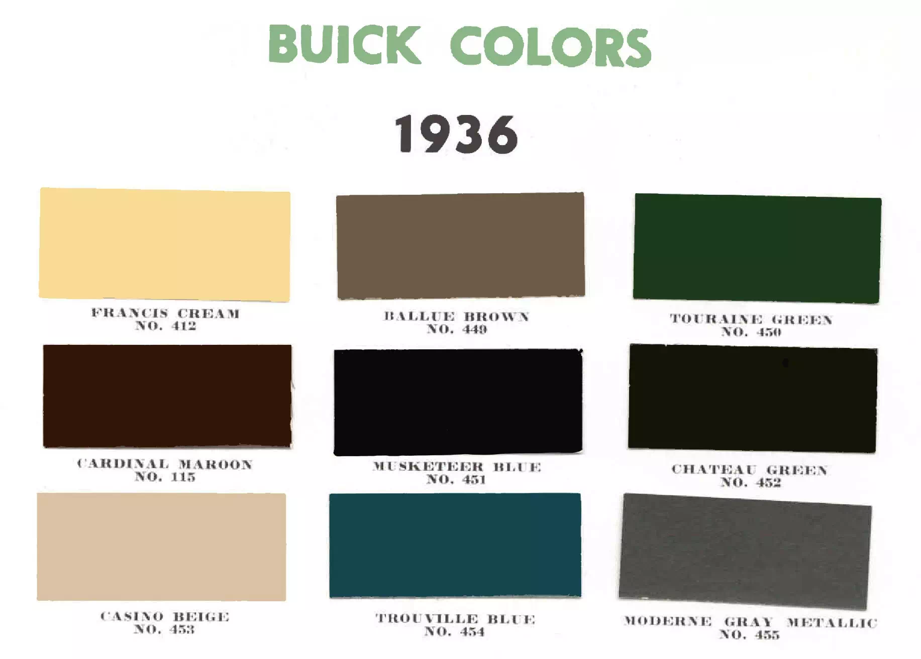 1936 Buick Paint Chart Paint Codes and Paint Colors used on the exterior of 1936 Buick Vehicles