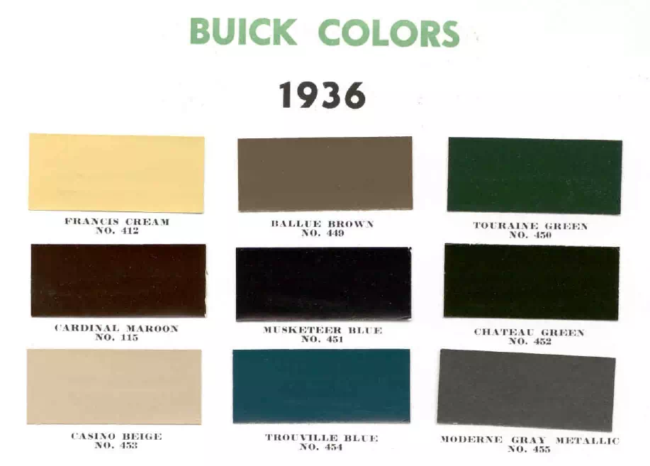 colors and ordering codes for those colors used on 1936 vehicles