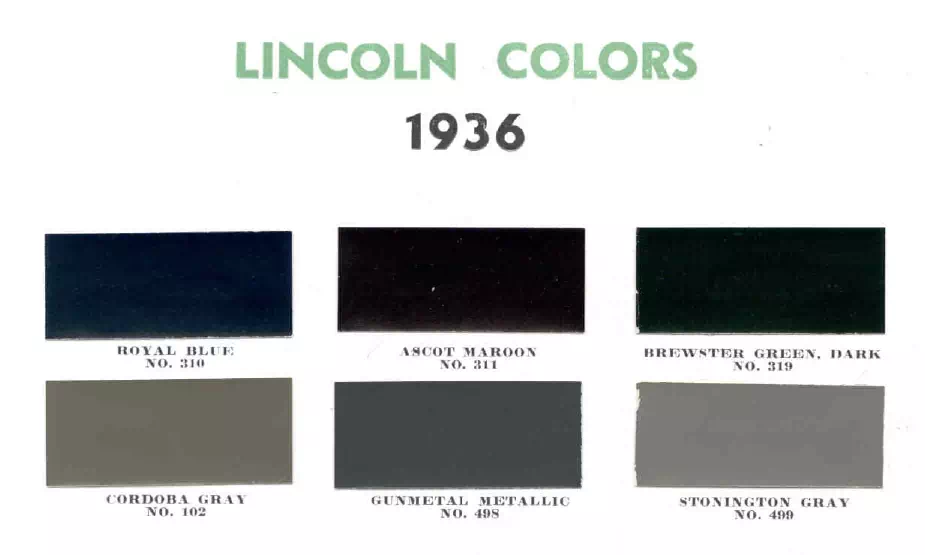 colors and ordering codes for those colors used on 1936 vehicles