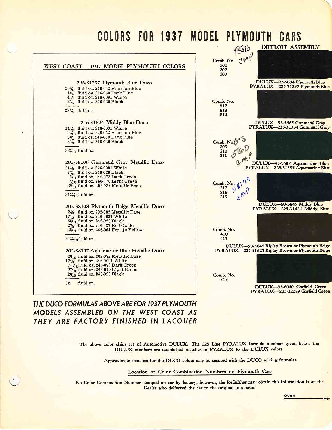 1937 Plymouth Colors and Codes Plymouth Paint Color Code Chart