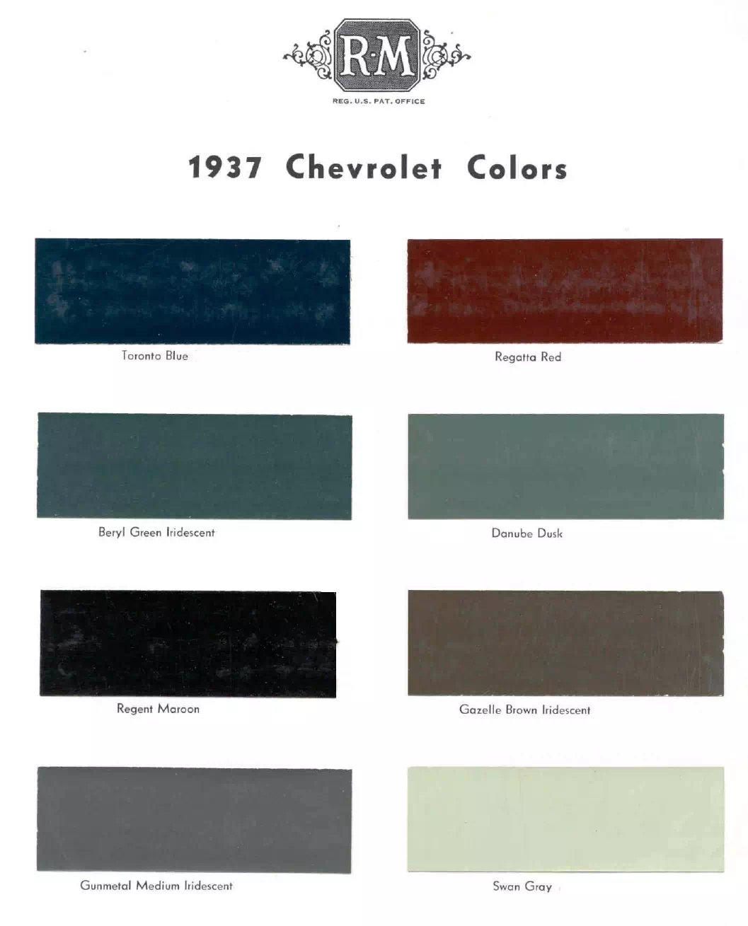 colors and ordering codes for those colors used on 1937 vehicles