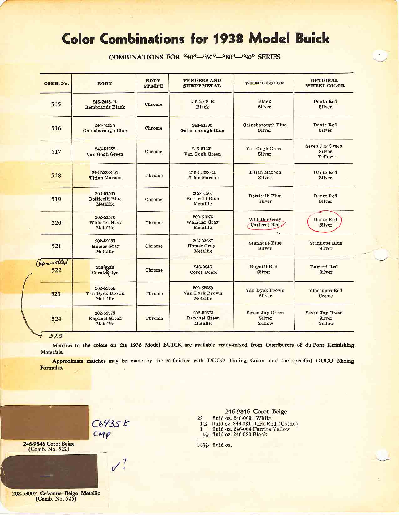 Colors used on Buick in 1938