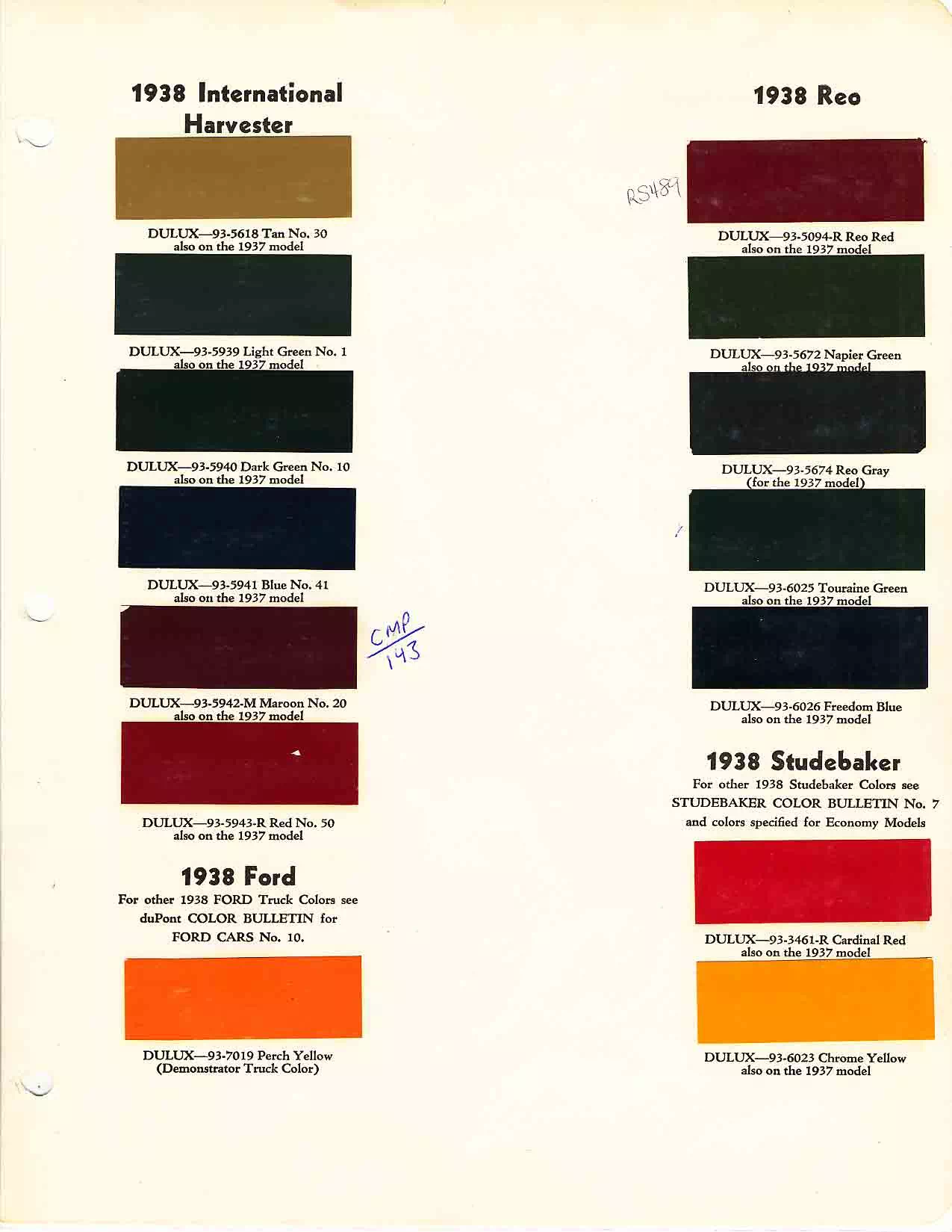 colors and ordering codes for those colors used on 1938 vehicles