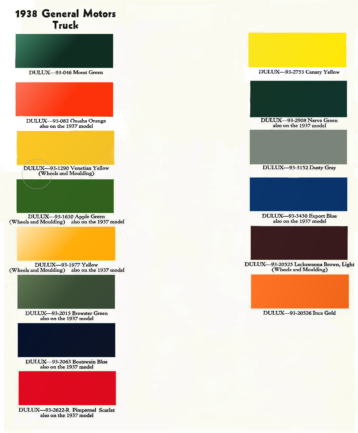 1938 General Motors Truck Paint Chart Colors used on 1938 General Motors trucks