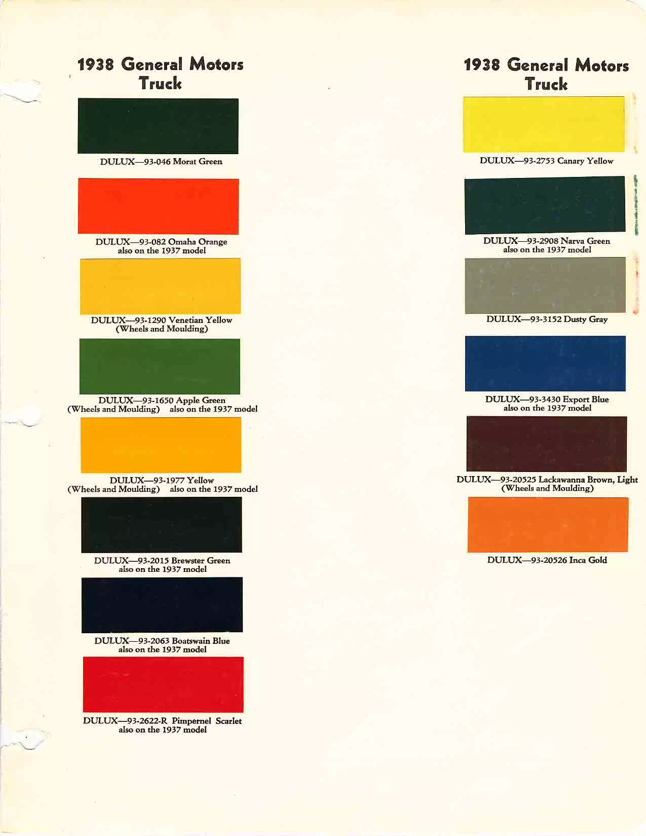 colors and ordering codes for those colors used on 1938 vehicles