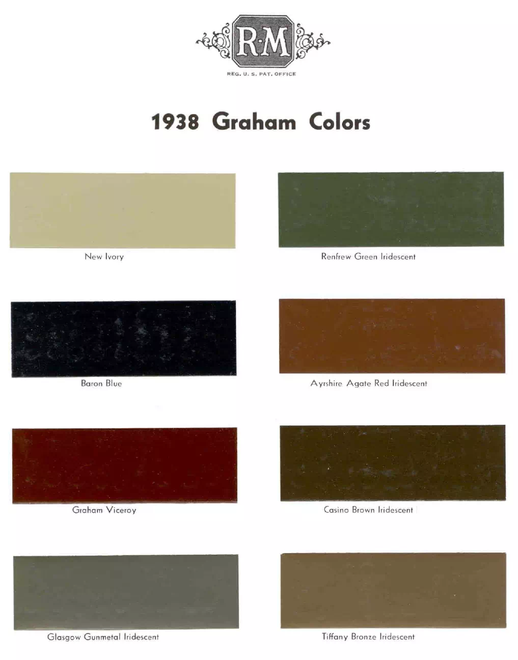 colors and ordering codes for those colors used on 1938 vehicles