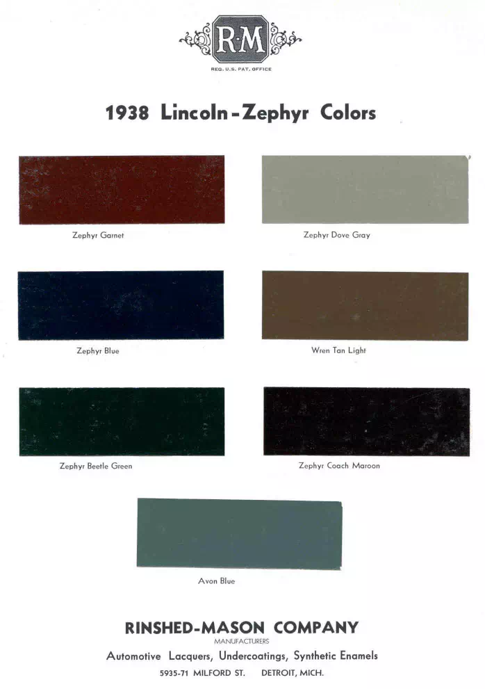 colors and ordering codes for those colors used on 1938 vehicles