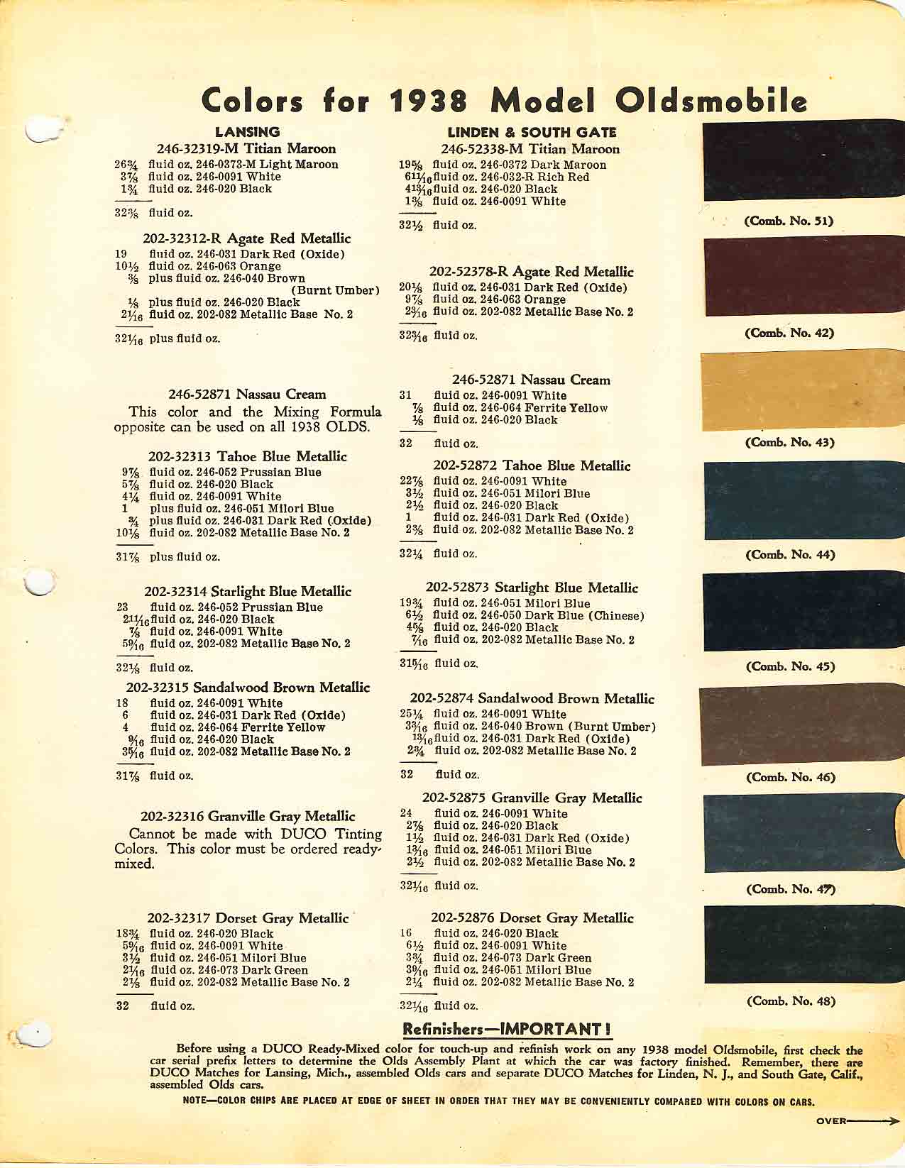 1938 Oldsmobile Paint Chart Paint Colors and Paint Codes used on the 1938 Oldsmobile