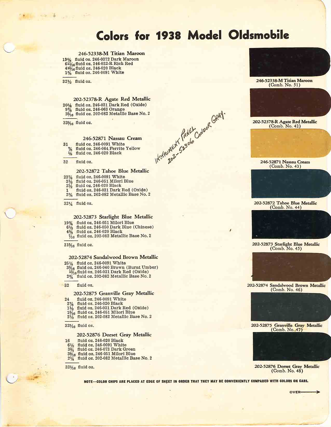 colors and ordering codes for those colors used on 1938 vehicles