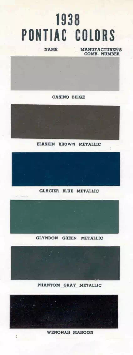 colors and ordering codes for those colors used on 1938 vehicles