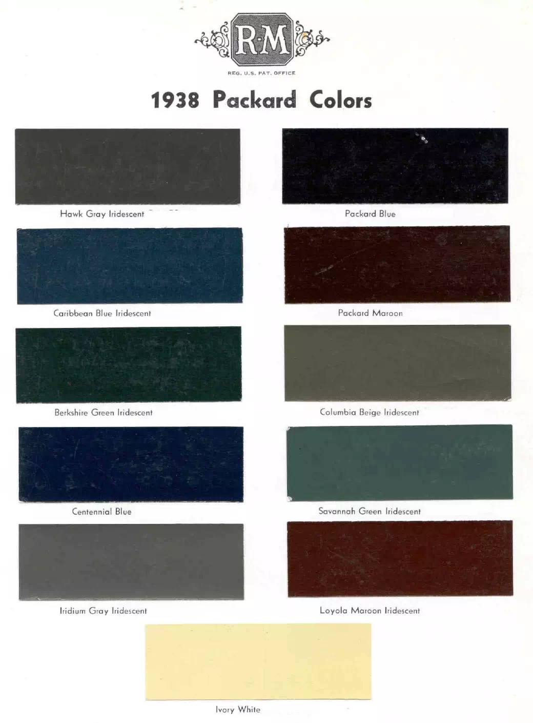 colors and ordering codes for those colors used on 1938 vehicles