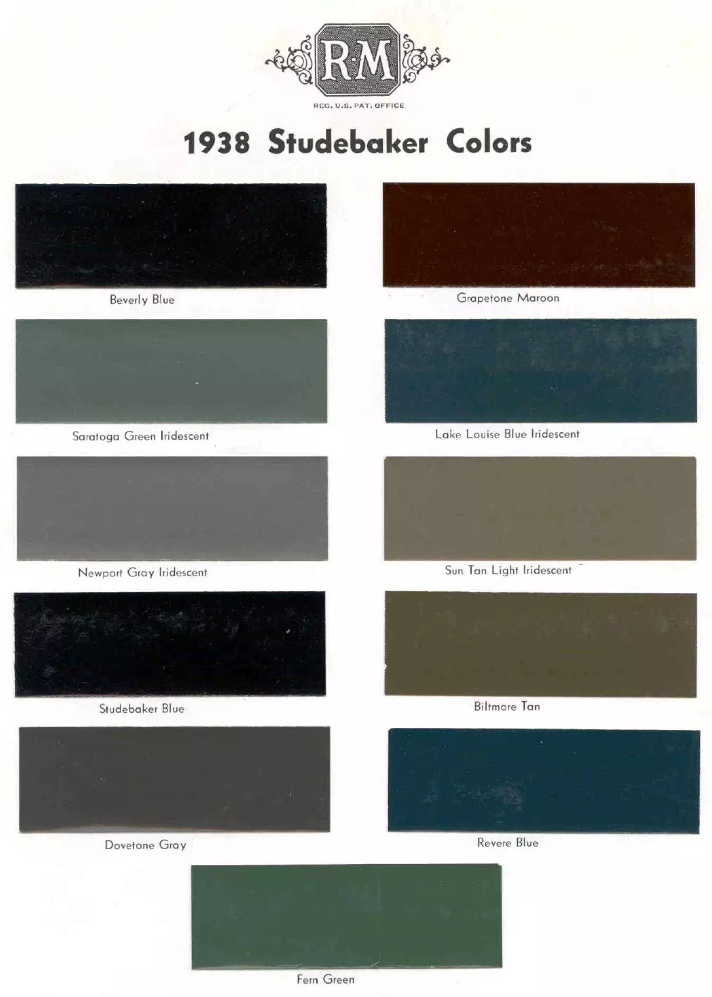 colors and ordering codes for those colors used on 1938 vehicles