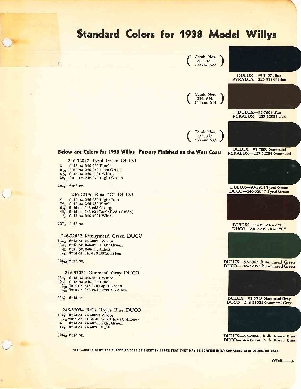 colors and ordering codes for those colors used on 1938 vehicles