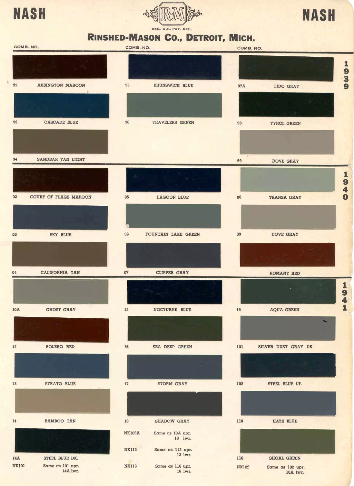 1939 Nash Paint Codes & Color Chart colors and ordering codes for those colors used on 1939 vehicles