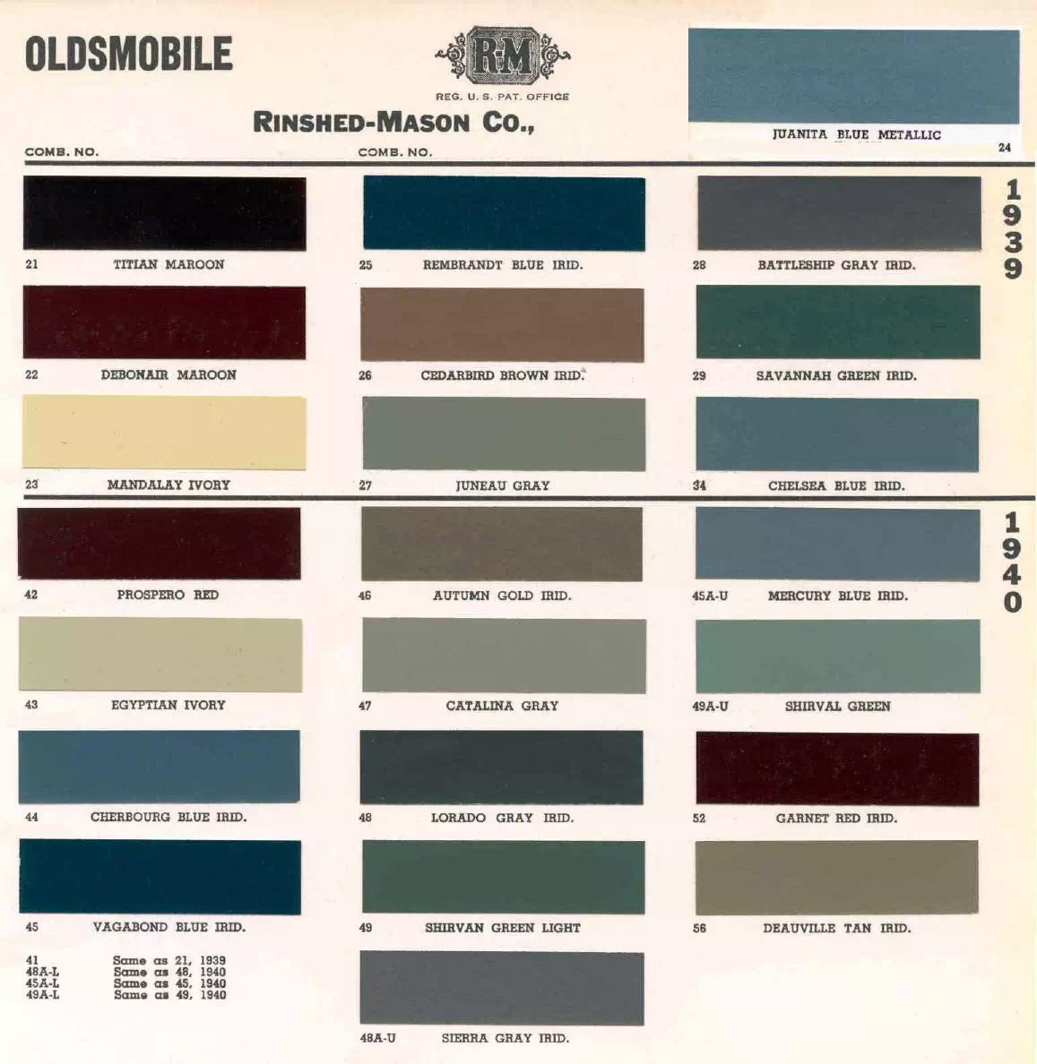 colors and ordering codes for those colors used on 1940 vehicles