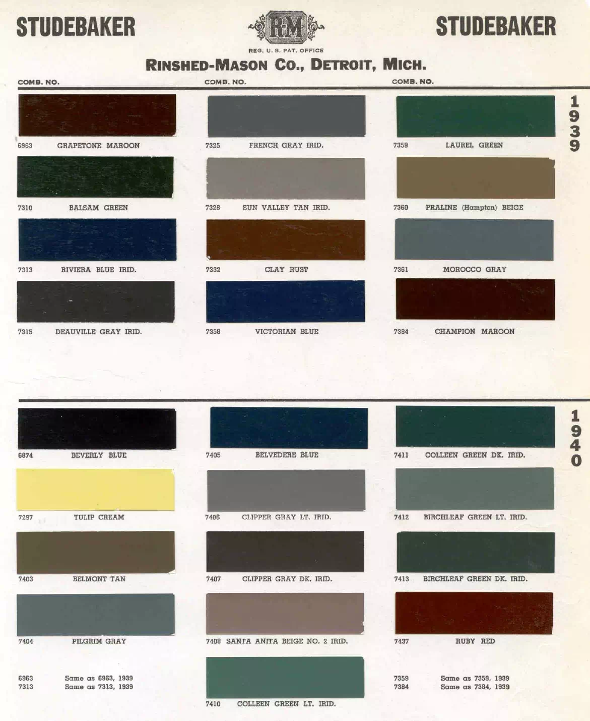 1939 Studebaker Paint Codes & Color Chart colors and ordering codes for those colors used on 1939 vehicles
