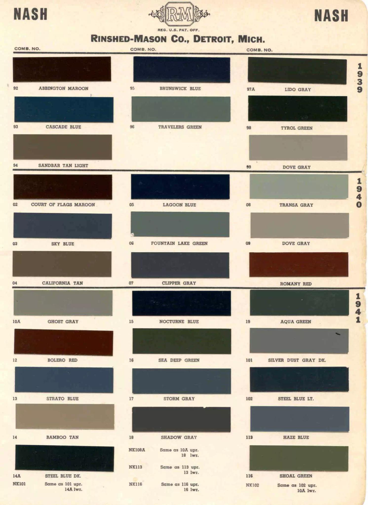 1939 - 1941 Nash Paint Chart and Color Codes Colors and Paint Codes or Combo Numbers for Exterior Colors