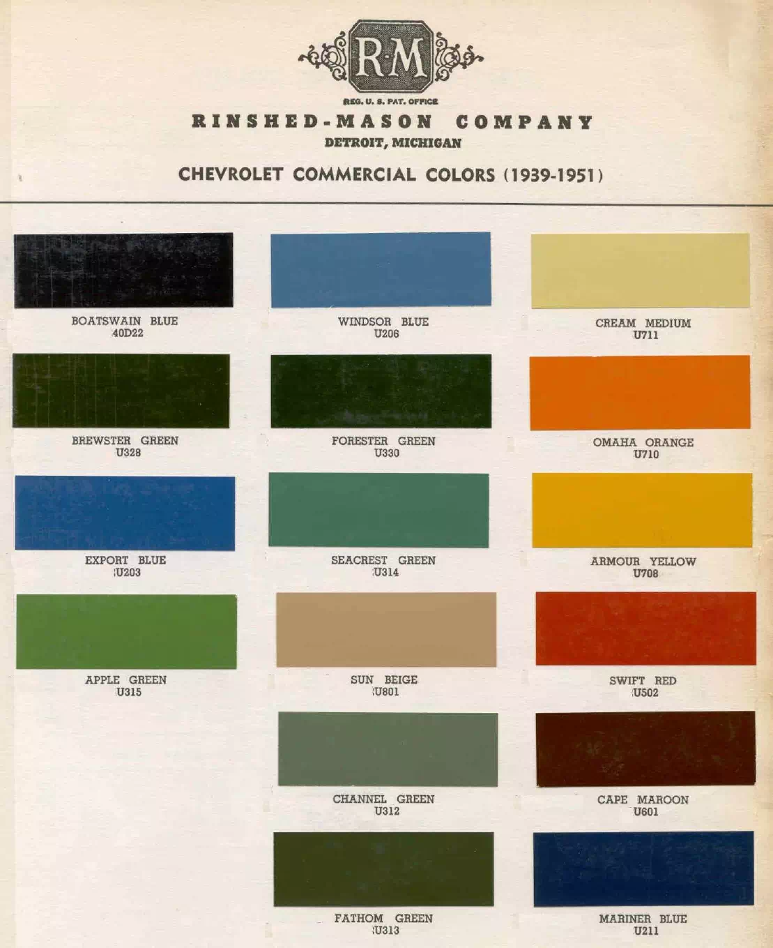 colors and ordering codes for those colors used on 1939 vehicles