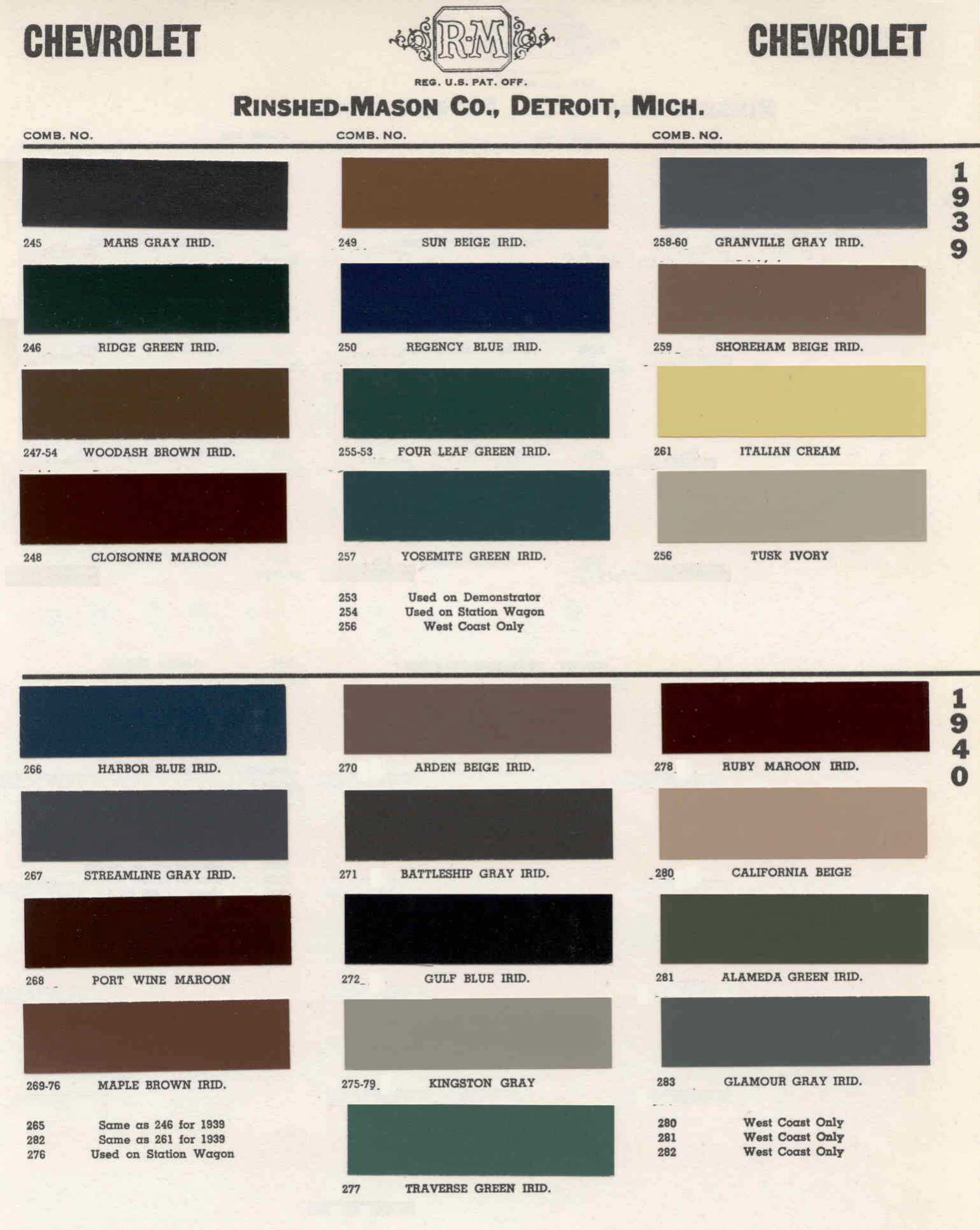 1939 and 1940 Chevrolet Paint Chart Exterior Colors used on Chevrolet Vehicles in 1939