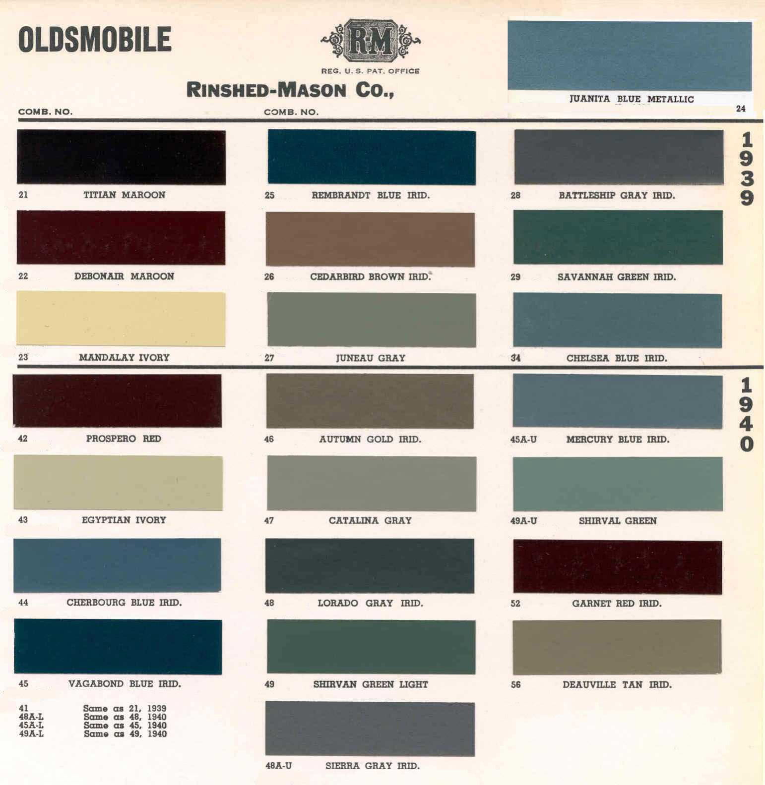 1939 Oldsmobile Paint Chart and Color Codes exterior colors used on oldsmobile in 1939