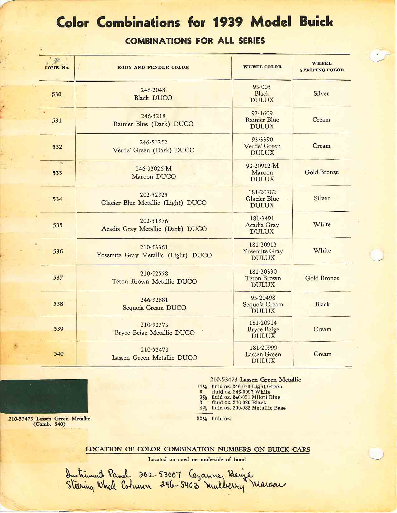 colors and ordering codes for those colors used on 1939 vehicles