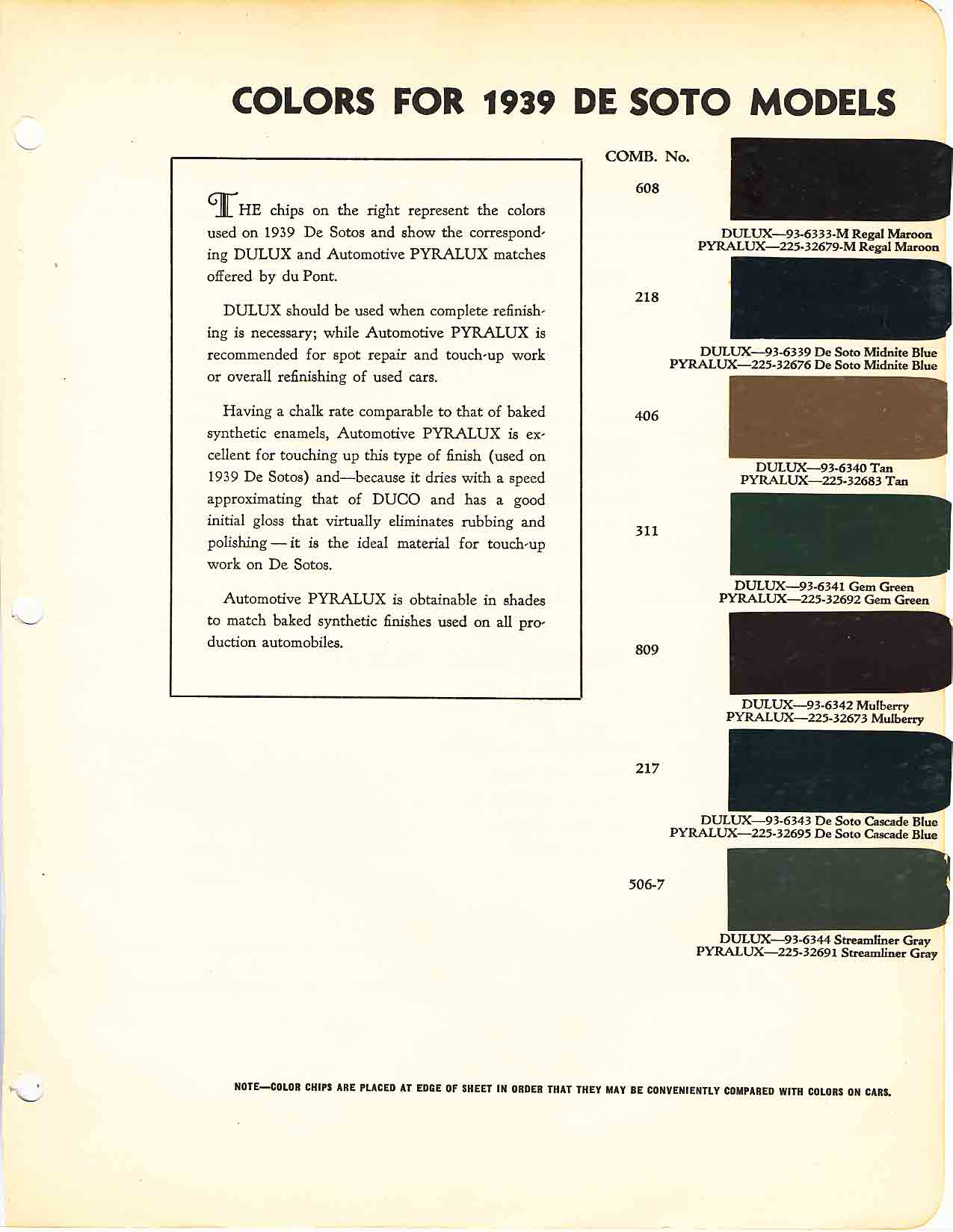 1939 DeSoto Paint Codes and Color Chart
