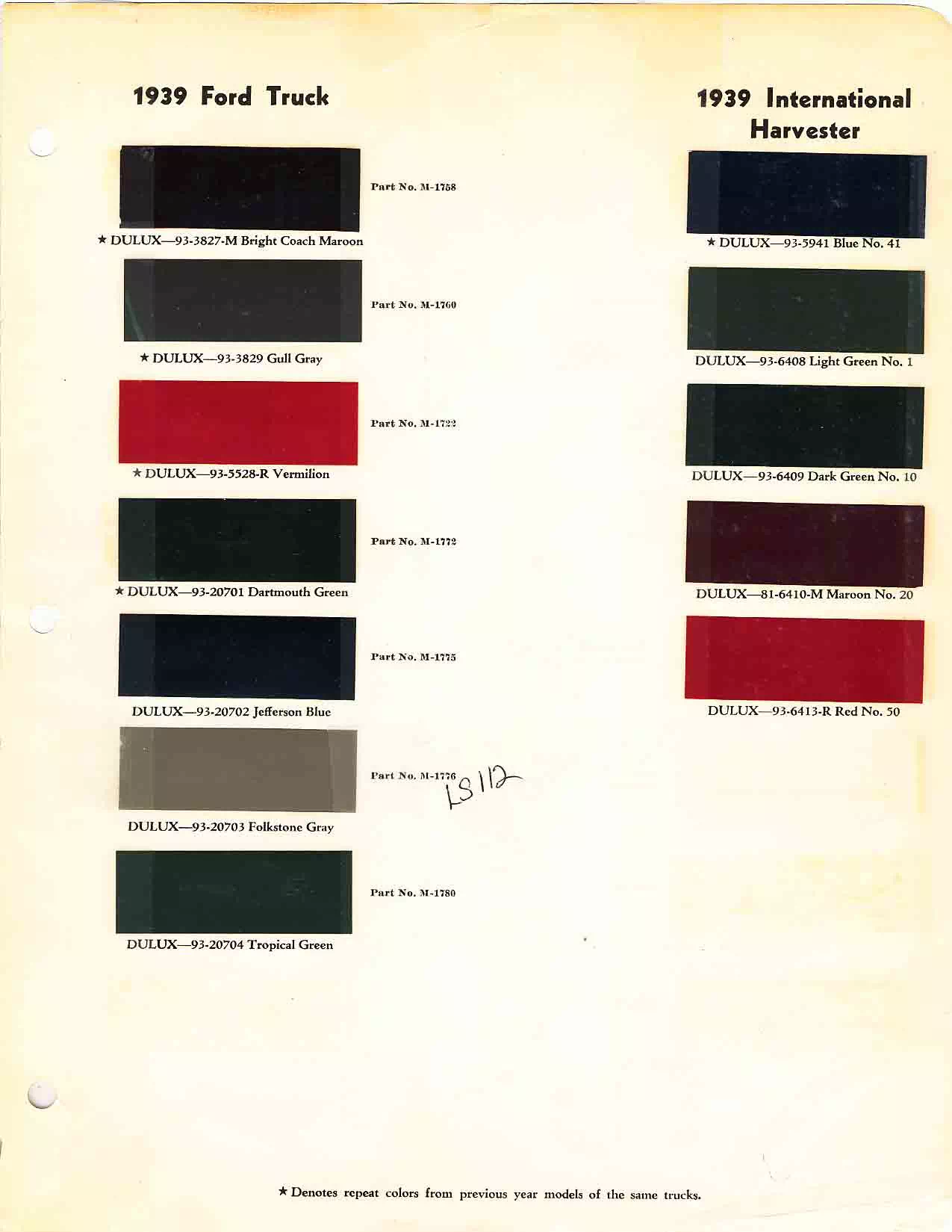 colors and ordering codes for those colors used on 1939 vehicles