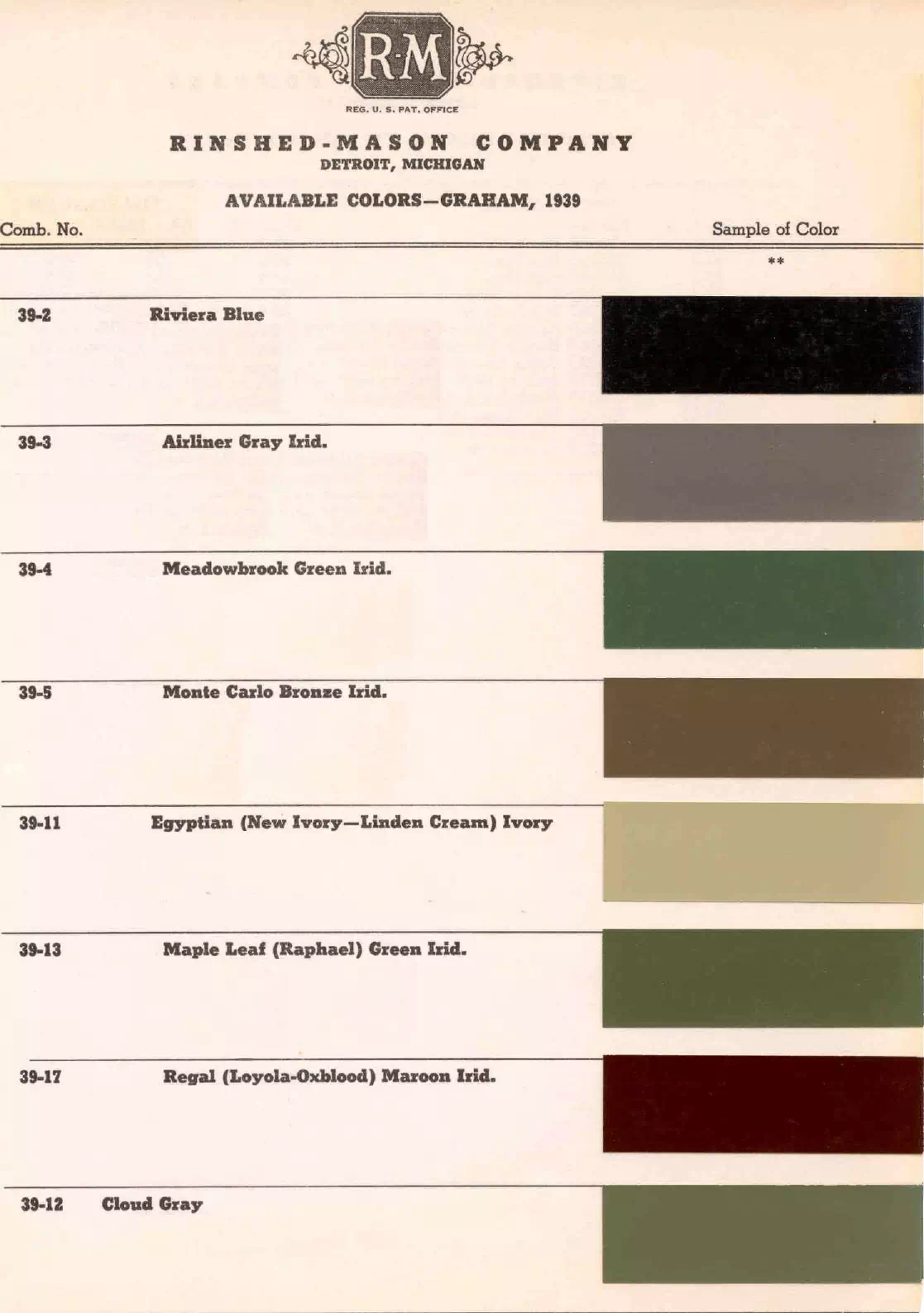 colors and ordering codes for those colors used on 1939 vehicles