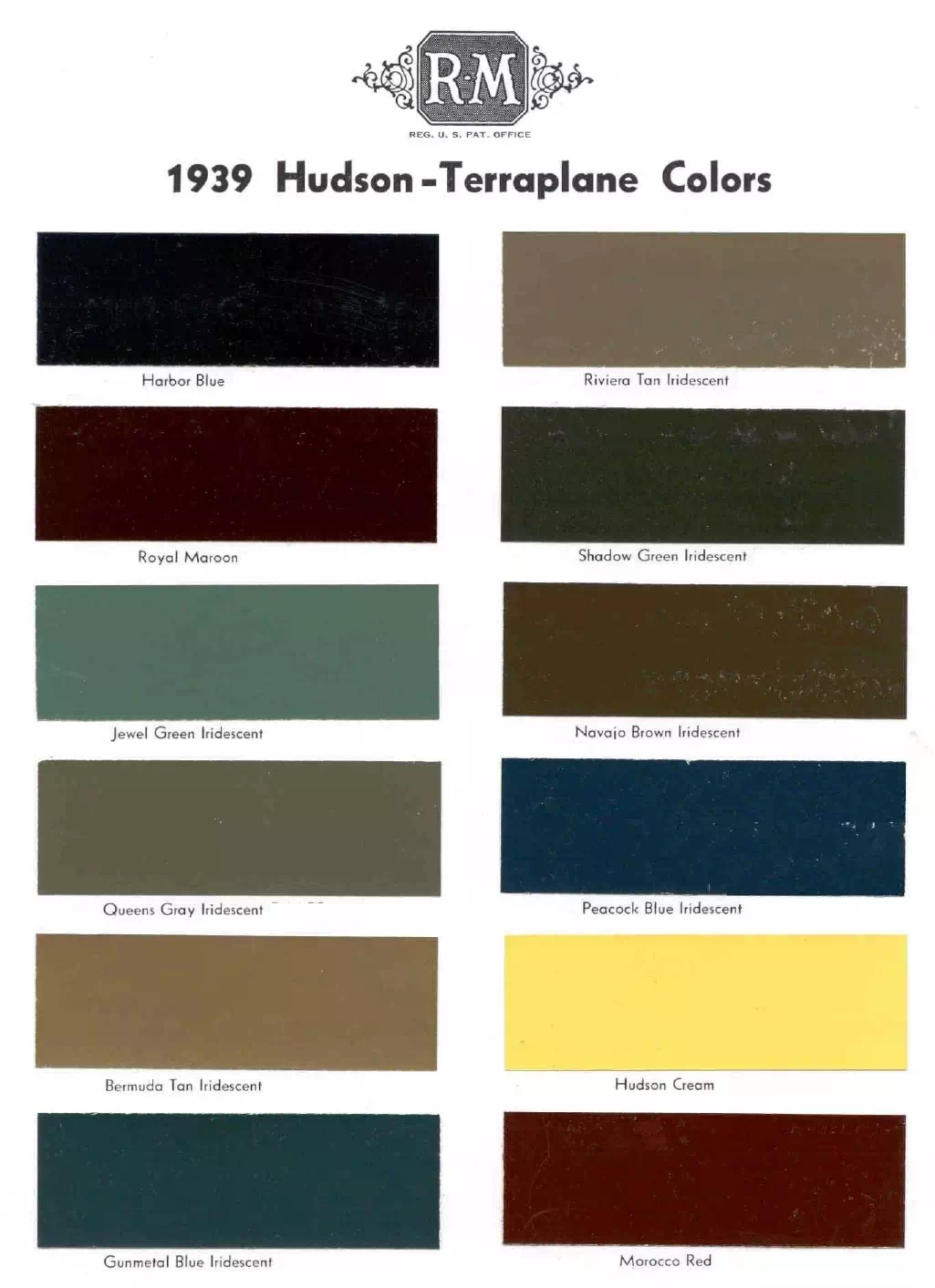 1939 Hudson Paint Codes & Color Chart colors and ordering codes for those colors used on 1939 vehicles