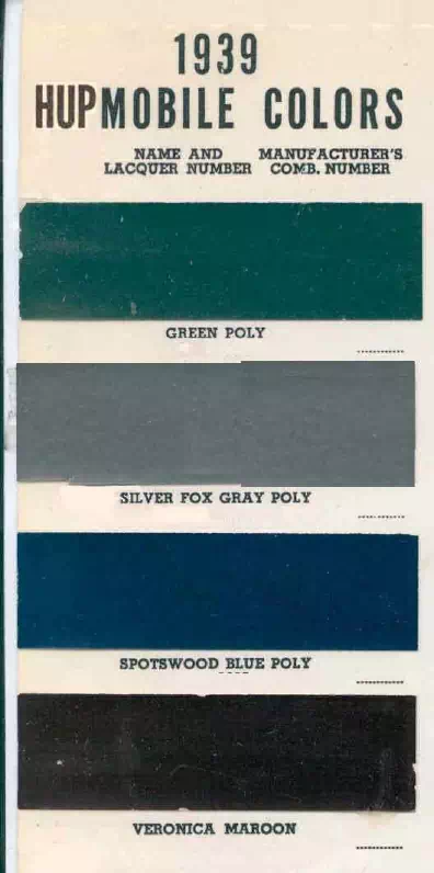 1939 Hupmobile Paint Codes & Color Chart colors and ordering codes for those colors used on 1939 vehicles