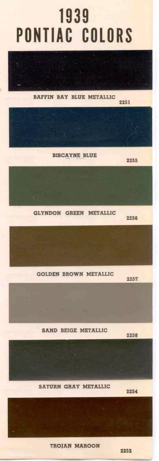 Exterior Colors used on Pontiac Vehicles in 1939