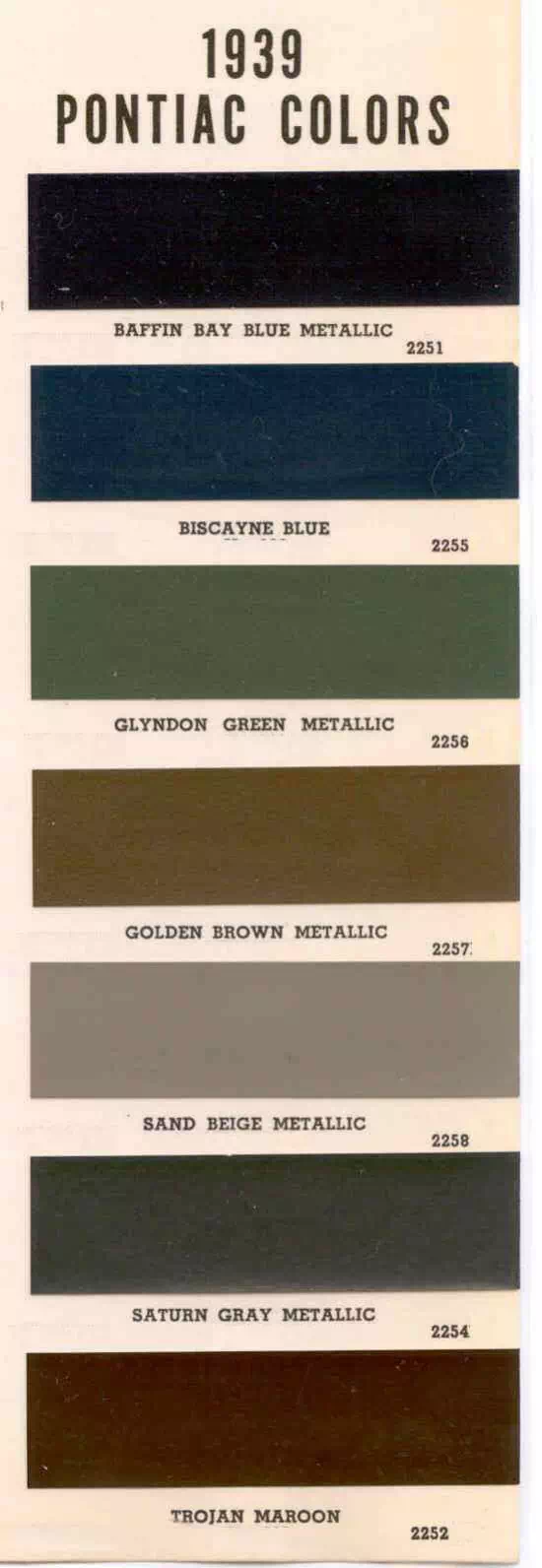 1939 Pontiac Paint Chart and Color Codes Exterior Colors used on Pontiac Vehicles in 1939