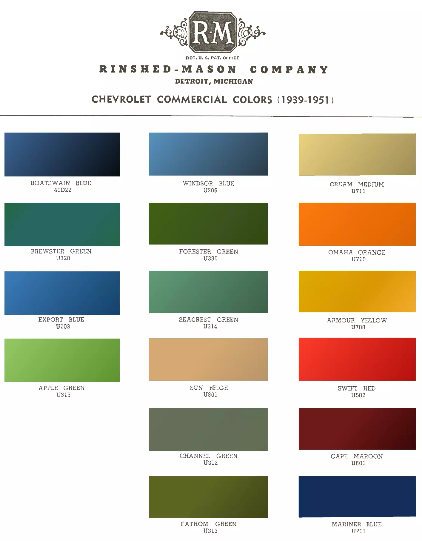 1939-1951 Chevrolet Paint Chart General Motors Commerical Vehicle Color Choices