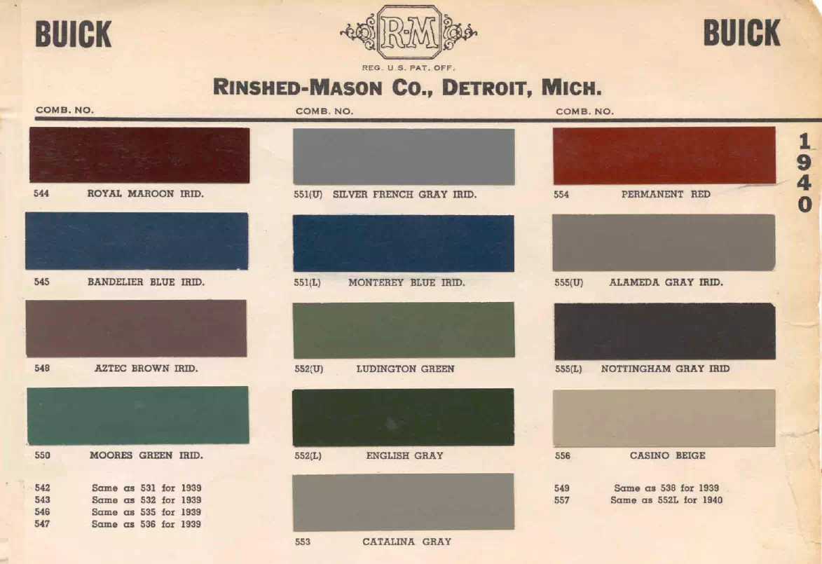1940 Buick Paint Codes & Color Chart colors and ordering codes for those colors used on 1940 vehicles