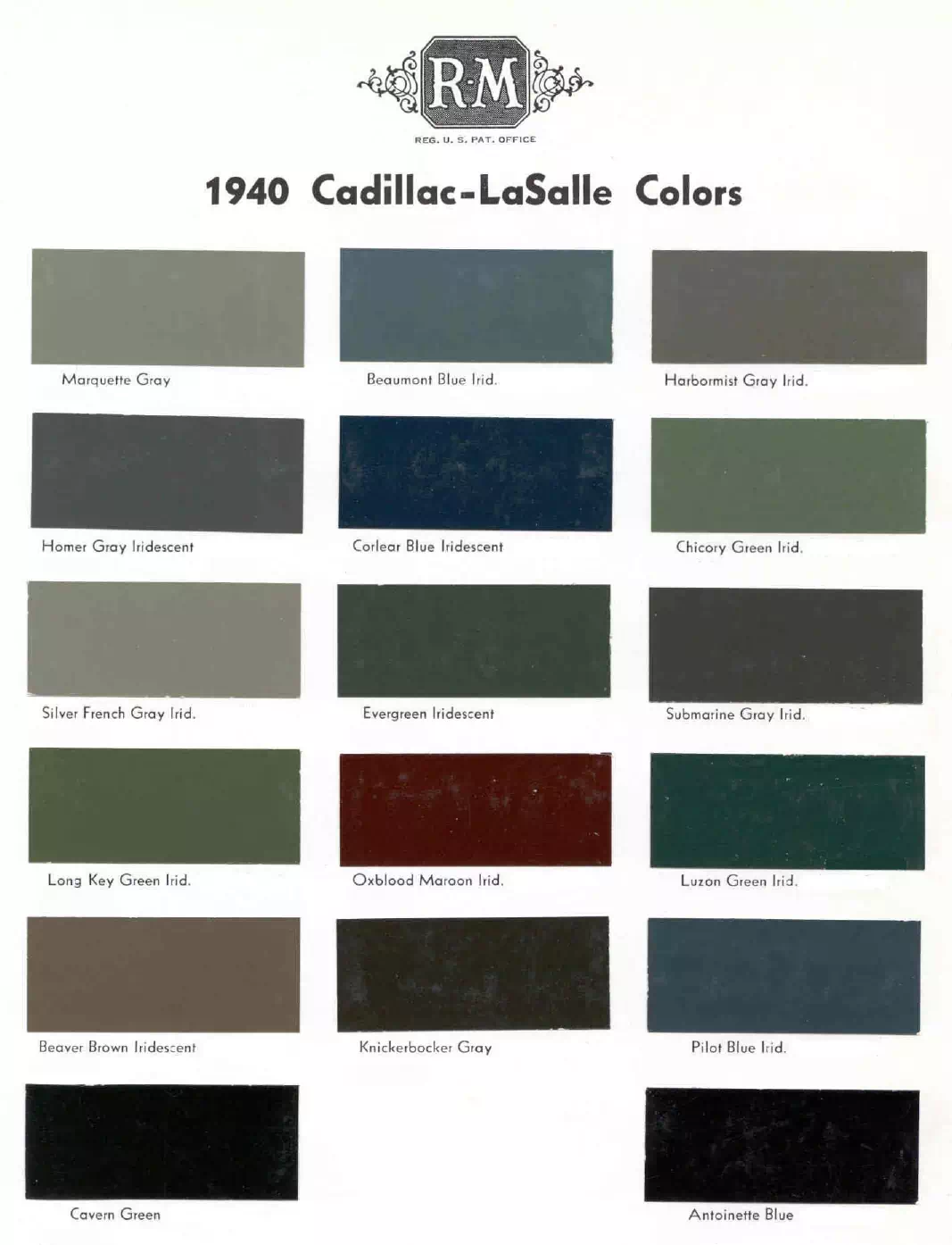 colors and ordering codes for those colors used on 1940 vehicles