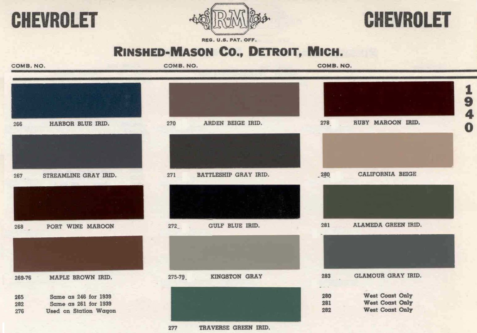 1940 Chevrolet Paint Chart Color Examples and their codes for Chevrolet Vehicles