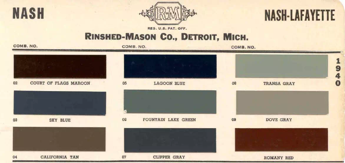 1940 Nash Paint Codes & Color Chart colors and ordering codes for those colors used on 1940 vehicles