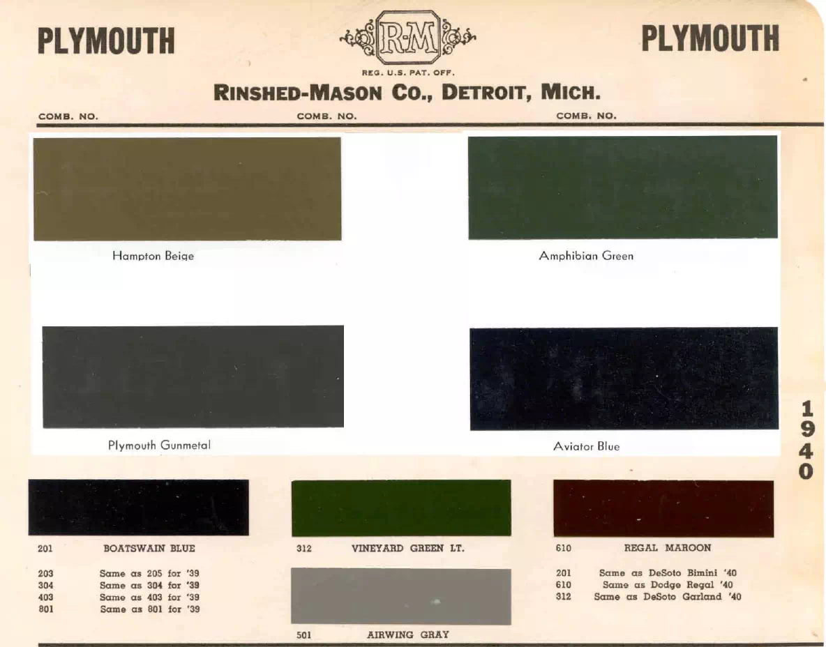 1940 Plymouth Paint Codes & Color Chart colors and ordering codes for those colors used on 1940 vehicles